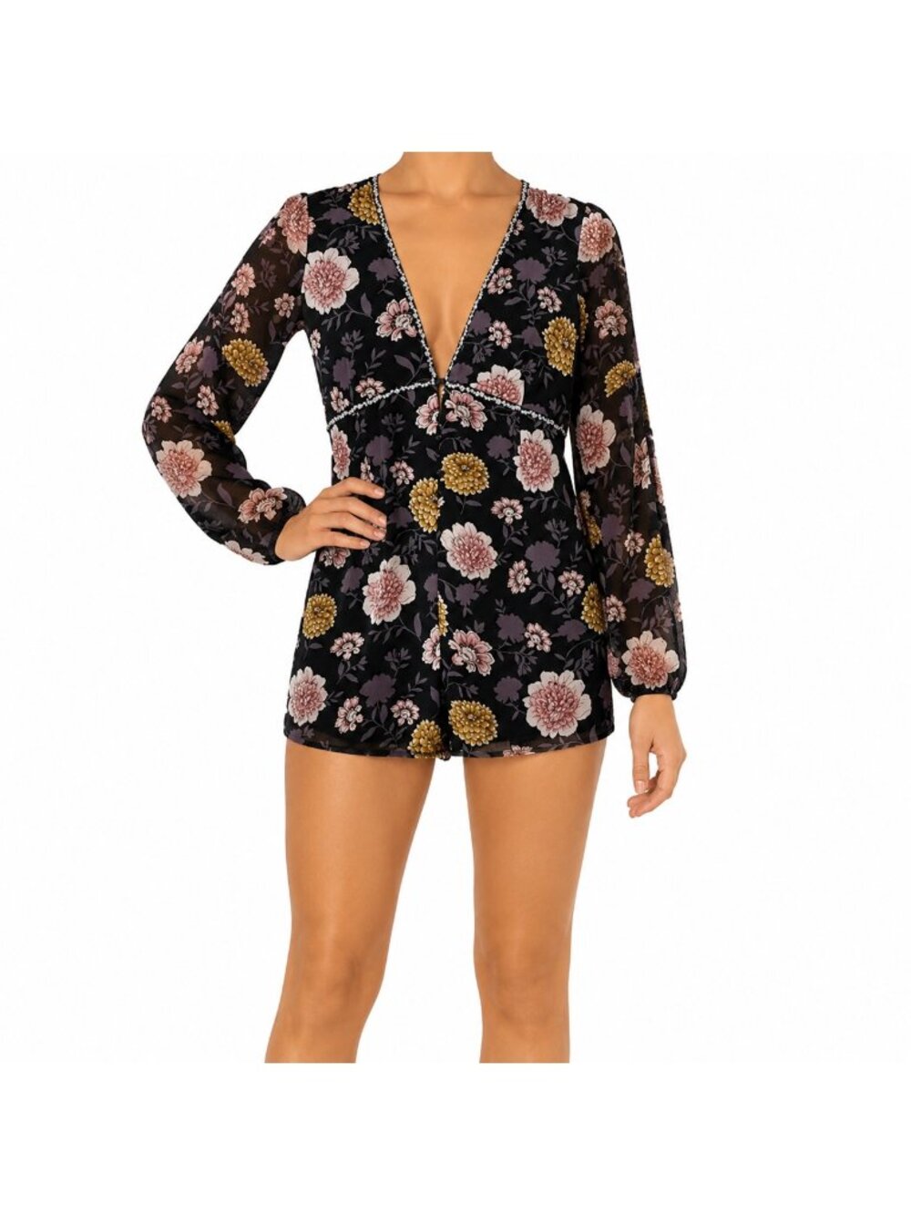 Forever 21 Black Floral V-Neck Romper - Small